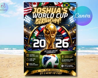 Invitación para fiesta de fútbol del Mundial 2026, invitación de cumpleaños de fútbol para el 9º cumpleaños, invitación para ver partido, fiesta de partido de la FIFA, cumpleaños de fútbol, Canva editable