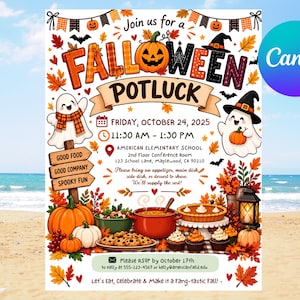 Może przedstawiać: Kolorowa ulotka z zaproszeniem na Halloween potluck z wyrzeźbioną dynią, duchami, jesiennymi liśćmi i ilustracjami jedzenia. Tekst zawiera Join us for a Falloween Potluck, piątek 24 października 2025 r., 11:30 - 13:30 oraz szczegóły.