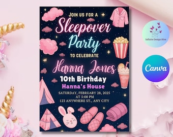 Neon Sleepover Birthday Invitation: Pajama Party Canva Template