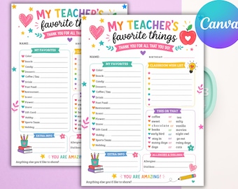 Teacher Favorite Things List: Appreciation Gift Questionnaire (Printable PDF Canva Template)