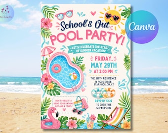Plantilla de invitación para fiesta de fin de curso en la piscina, invitación editable para fiesta de verano en la piscina, invitación para fiesta de fin de curso, plantilla retro de verano para Canva.