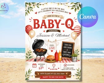 Plantilla de invitación para baby shower de Baby-Q, plantilla de invitación para baby shower de barbacoa, plantilla de invitación para baby shower de Baby-Q de barbacoa, invitación de Baby-Q