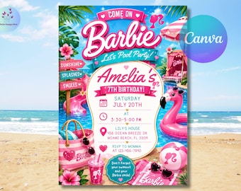 Invitación de cumpleaños de muñeca rosa, invitación para fiesta en la piscina, invitación de cumpleaños para niña con temática de muñeca de moda rosa, fiesta en la piscina para niñas, editable en Canva