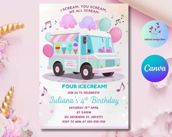 Ice Cream Birthday Invitation: 4th Birthday Party, Pink Mint (Editable Download)