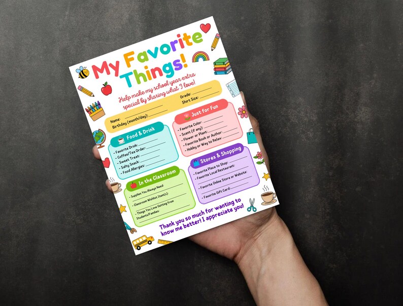 Teacher Favorite Things List: Appreciation Gift Questionnaire ...