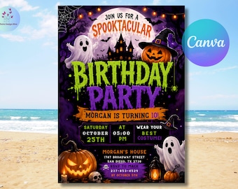 Spooktacular Halloween Birthday Invitation, Kids Costume Ghost Pumpkin Party, Editable Printable Canva Template