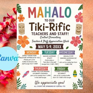 Editable Hawaiian Luau Theme Teacher & Staff Appreciation Theme Tropical Itinerary Flyer Canva Template Mahalo Printable Poster