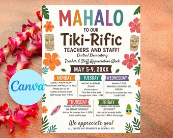 Op de afbeelding: Een kleurrijk, printbaar bord met een tropisch thema, getiteld "Mahalo aan onze Tiki-Rific leraren en personeel!" Het vermeldt evenementen voor de leraren- en personeelswaarderingweek, waaronder een donutontbijt, een tacobar, een saladebar, een koekjespauze en een snoepbuffet. Het bord bevat de data van 5 tot en met 9 mei 20XX.