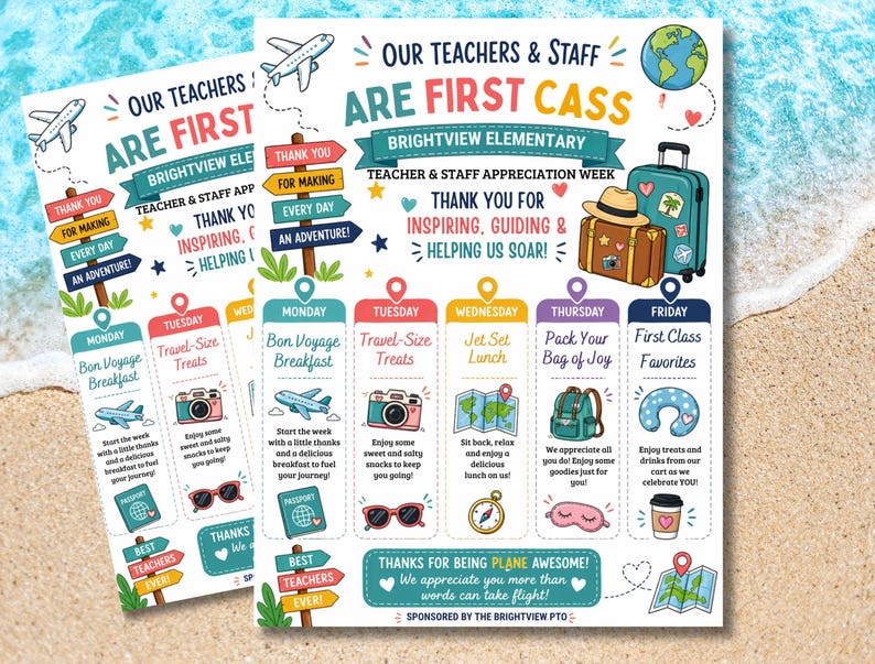 Travel Theme Teacher Appreciation Week Itinerary Flyer, Plane Awesome ...