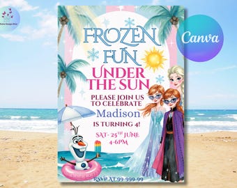 Invitación de cumpleaños para fiesta de verano Frozen Fun, fiesta en la piscina Princesa Elsa Anna Olaf Invitación 2º 3º 4º 5º plantilla decoración niña descarga instantánea