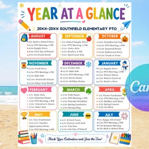 May include: A colorful Year at a Glance calendar for Southfield Elementary PTO, featuring monthly event schedules from August to July. The design includes playful icons like a pencil, backpack, pumpkin, snowman, and books, with the text Mark Your Calendars and Join the Fun at the bottom.