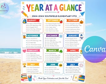 PTA PTO Year at a Glance Flyer Template, Editable School Calendar of Events Canva