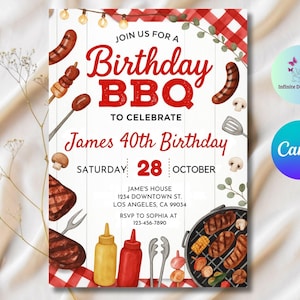Invitación de cumpleaños con barbacoa, plantilla para fiesta en el patio trasero con cuadros rojos a cuadros, invitación a la parrilla, plantilla editable de Canva