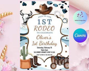 May include: A rodeo-themed birthday invitation with a brown cowboy hat, steer skull, and boots. The invitation reads "Join us for 1st Rodeo to Celebrate Oliver's 1st Birthday" with event details. The design includes blue and white accents.