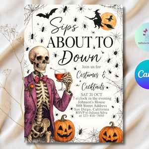 May include: Halloween-themed invitation with a skeleton in a purple suit holding a cocktail. The invitation includes text that reads "Sips About to Down" and "Costumes & Cocktails". The design features spiders, bats, pumpkins, and a witch.