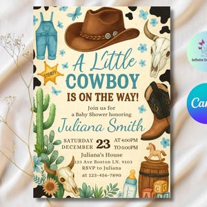 Cowboy Baby Shower Invitation, A Little Cowboy Baby Shower Invite, Wild West Western Party, Boy Blue Outdoors Rodeo Country, Editable Canva