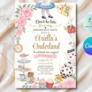 Peut inclure: Une invitation pour le 1er anniversaire d'Ariella, sur le thème d'Alice au pays des merveilles. Le design comprend des roses roses, un lapin blanc, des tasses à thé et le texte "Don't be late for a very IMPORTANT DATE".