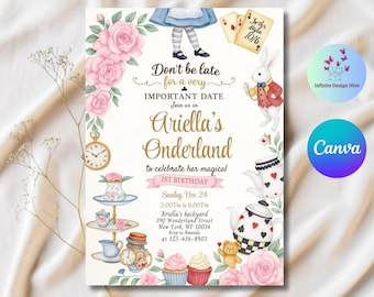 Alice in Onederland Invitation: Whimsical 1st Birthday Tea Party (Editable Template)