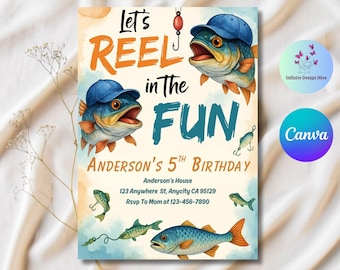 Reel Fun Angeln Geburtstagseinladung: Bearbeitbare Canva Vorlage