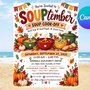 May include: A flyer for a SOUPtember soup cook-off on Saturday, 27 September 2025, at Riverdale Community Centre. The design features colourful autumn leaves, pumpkins, bowls of soup, and a cooking pot, with event details and contact info.