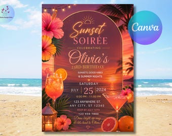 Invitación para fiesta de verano "Sunset Soirée" para imprimir y usar en dispositivos móviles (Canva editable, descarga digital)