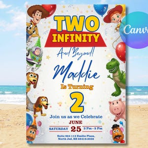 May include: A birthday invitation card featuring cartoon characters including a cowboy, space ranger, cowgirl, dinosaur, and pig. The text reads TWO INFINITY And Beyond! Maddie Is Turning 2. Join us as we Celebrate JUNE 25 3 Pm-5 Pm Suite 864 113 Emilio Plaza.