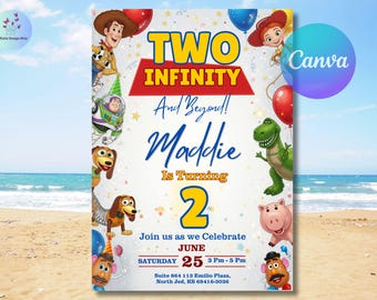 Invitación de cumpleaños editable "Dos infinitos y más allá" / Invitación para fiesta de Toy Story, Invitación para segundo cumpleaños / Invitaciones digitales de cumpleaños para niños en Canva