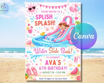 Water Slide Birthday Invitation, Water Slide Invitation, Summer Pool Party Splish Splash Invites, 5x7 Canva
