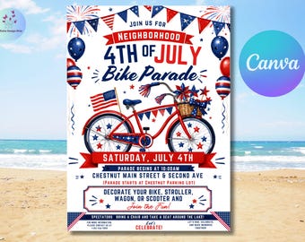 Plantilla editable para invitación a un divertido desfile de bicicletas del 4 de julio, desfile familiar de bicicletas y triciclos, fiesta de barrio, celebración del 4 de julio en verano.