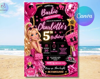 Invitación de cumpleaños editable para muñeca de moda, fiesta con purpurina rosa, invitación para mejores amigas, descarga digital, plantilla de Canva