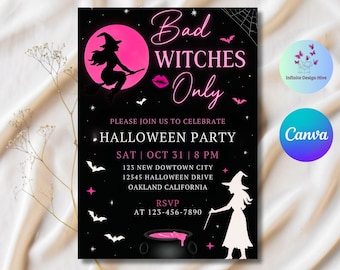 Bad Witches Halloween Party Invitation: Editable Canva Template