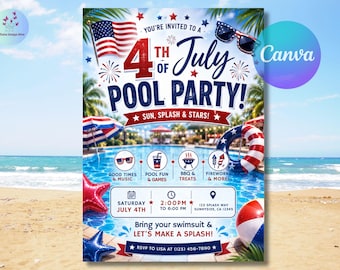 Invitación editable para fiesta en la piscina del Día de la Independencia, 4 de julio. Plantilla editable para descargar al instante.