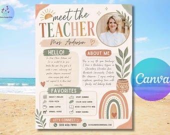 Plantilla Boho para conocer al profesor, Carta de bienvenida para la vuelta al cole, Boletín informativo para el aula "Todo sobre mi profesor" imprimible, Editar con Canva