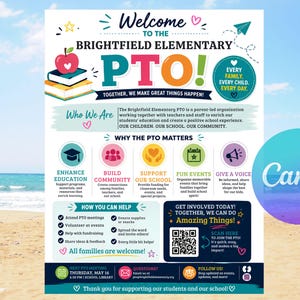 May include: A colorful informational flyer for Brightfield Elementary PTO featuring a red apple on books, text headers, icons for school activities, a QR code for joining, and meeting details for Thursday, May 16, all set against a white background.