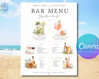 Letrero de cóctel de autor, letrero de bebida de autor, menú de bar, letrero de bebidas para bodas, bebidas para él y para ella, bebida para los novios, plantilla editable