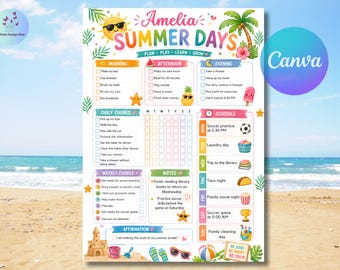 Planificador de verano 2026 / Imprimible de verano para niños / Planificador escolar de verano / Rutina semanal de verano / Imprimible de verano para niños / Horario semanal de verano