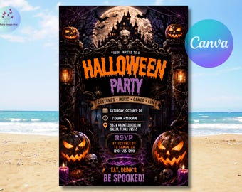Halloween Birthday Invitation, Spooky Pumpkin Ghost Party Invite, Printable Kids Birthday Invitation, Editable Canva Template
