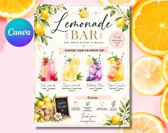Letrero para barra de limonada, descarga digital editable, fiesta de recién graduados, instrucciones para fiesta de cumpleaños de limonada rosa de graduación de secundaria para niñas