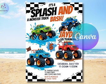 Monster Truck Birthday Invitation, Boy Monster Truck Birthday Invite, Monster Truck Invites, Editable 5x7 Canva Template