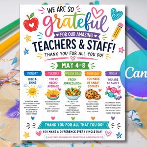 Puede incluir: Un folleto colorido con el texto "¡Estamos muy agradecidos por nuestros increíbles maestros y personal!" y un horario del 4 al 8 de mayo. Incluye ilustraciones de una manzana, un lápiz y corazones.