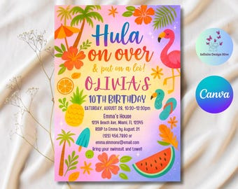 Invitación de cumpleaños de hula: Invitación a fiesta luau tropical (Descarga digital)