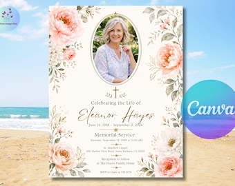 Plantilla para servicio conmemorativo, invitación floral para celebración de la vida, tarjeta floral para servicio conmemorativo, invitación funeraria editable en Canva con foto