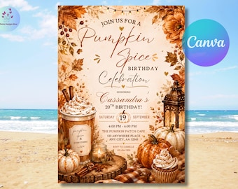 Pumpkin Spice Birthday Invitation, Fall Pumpkin Birthday Party Invite, Cozy Autumn Editable Canva Template for Women and Girls