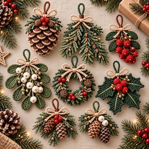 May include: A collection of crocheted Christmas ornaments featuring pinecones, holly leaves with red berries, mistletoe with white berries, and a small wreath. Each piece is accented with gold beads and a beige string bow for hanging.