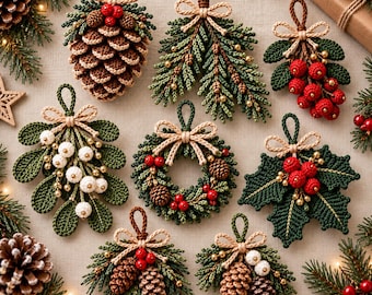 May include: A collection of crocheted Christmas ornaments featuring pinecones, holly leaves with red berries, mistletoe with white berries, and a small wreath. Each piece is accented with gold beads and a beige string bow for hanging.