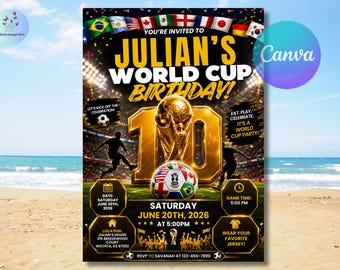 Invitación de cumpleaños número 10 con temática de la Copa Mundial de Fútbol, invitación para ver el partido, fiesta de fútbol, invitación para fiesta de la Copa Mundial de Fútbol 2026, Canva editable