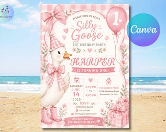 One Silly Goose First Birthday Invitation Canva Template, Girl Birthday, Pink Bow 1st Birthday Invite, Digital Invitation, Pink & Green