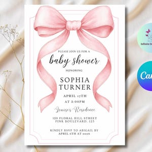 Blush Pink Bow Baby Shower Invitation Editable Elegant Watercolor Coquette Bow Invitation Pink Girl Baby Shower Invite Pink Ribbon Canva