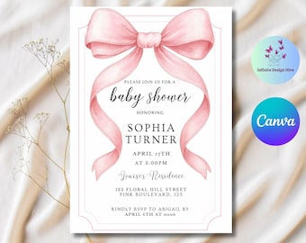 Blush Pink Bow Baby Shower Invitation: Elegant Watercolor (Canva Editable, Digital Download