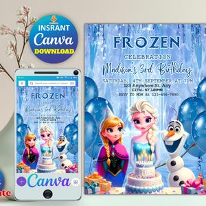 Frozen Birthday Invitation Editable, Elsa Winter Party Invite, Printable Snow Theme, Instant Download, Editable Template in Canva